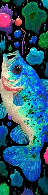 Free printable fish bookmark featuring blue fish with green blobs